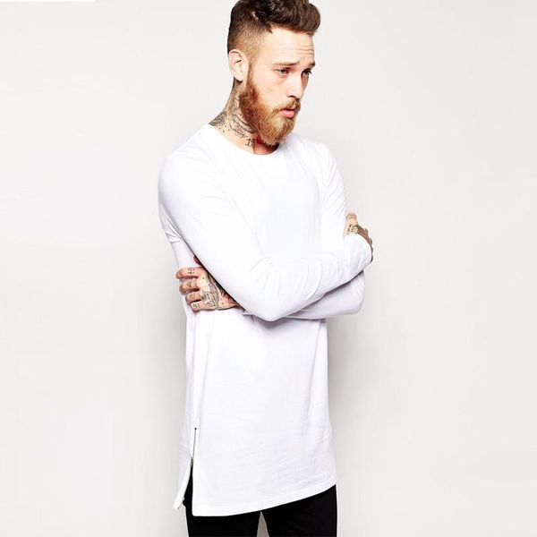 

brand extra long tee shirt for men hip hop men 's longline t shirt long sleeve tall tees side zipper oversized t-shirt trend, White;black