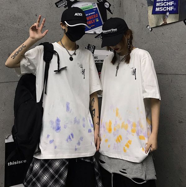 

2020 новая мужская дизайнерская футболка 100% хлопок высококачественная белая футболка желтый синий акварель граффити логотип мужская женска, White;black
