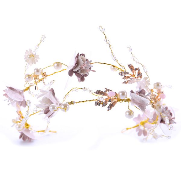 Prenses Pembe Çiçek Peri Kristal İnci Altın Saç Band Klip Çiçek Çiçekler İnciler Gelin Garland Tiara Düğün Gelin Saç Aksesuarları