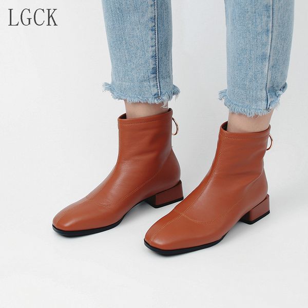

plus size 34-43 new genuine leather slim stretch sock boots winter women boots square heel ankle motorcycle botas shoes, Black