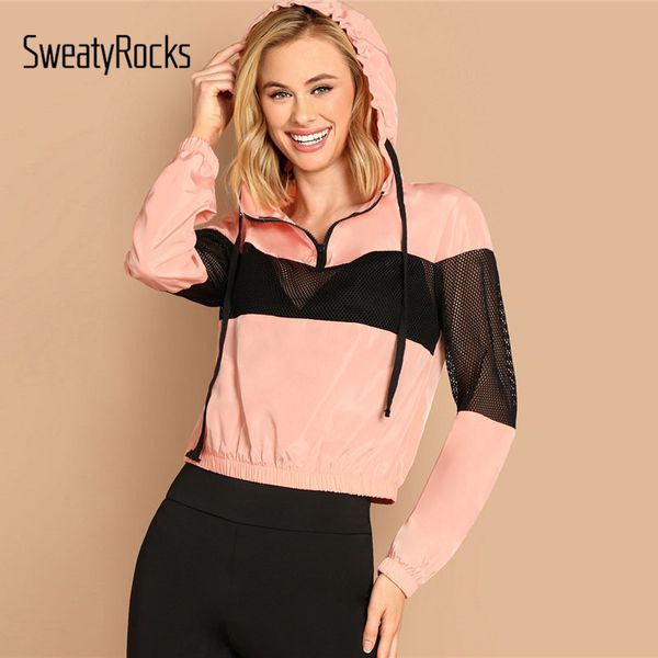 

sweatyrocks pink fishnet insert drawstring hooded crop jacket active wear women leisure hoodies 2018 autumn casual overcoats, Black;brown