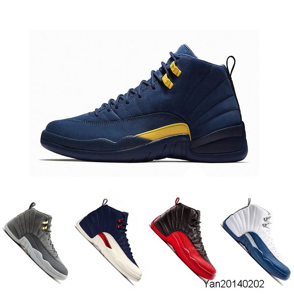 

new michigan 12 12s mens basketball shoes college navy dark grey flu game playoffs french blue gym red trainers sports sneakers shoes 8-13
