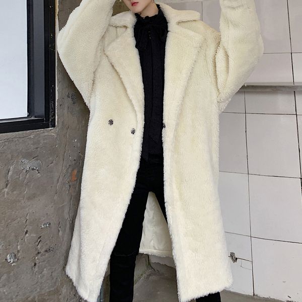 

winter loose thick fake lamb windbreaker coat outerwear male women streetwear vintage long fur jacket overcoat trench coat men, Black