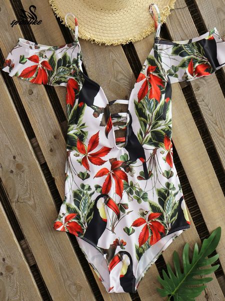 

2020 swimwear ruffle one piece swimsuit back cross bathing suit beachwear printed off the shoulder monokini female, White;black