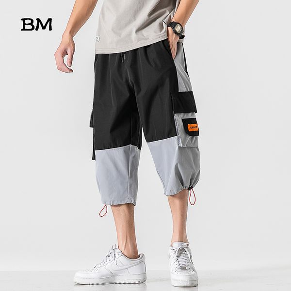 

summer japanese harajuku cropped pants men thin section casual pants fashion streetwear stitching joggers korean clothing male, Black