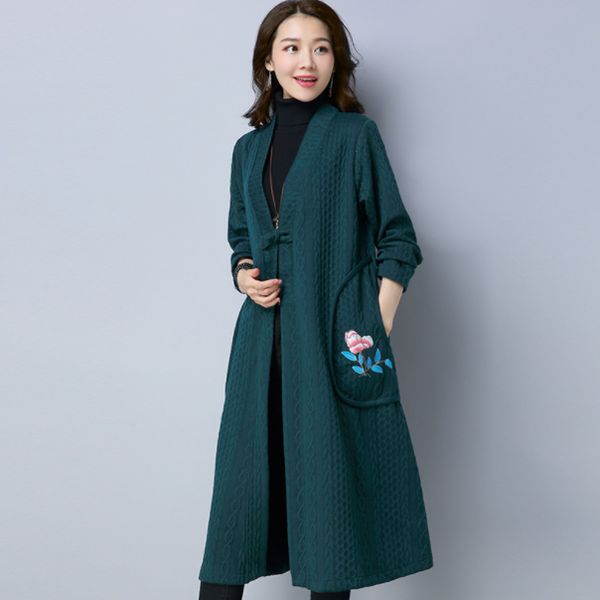 

long knit cotton trench coat for women 2020 autumn winter open stitch outwear female embrodery pocket long sleeve coats da749, Tan;black