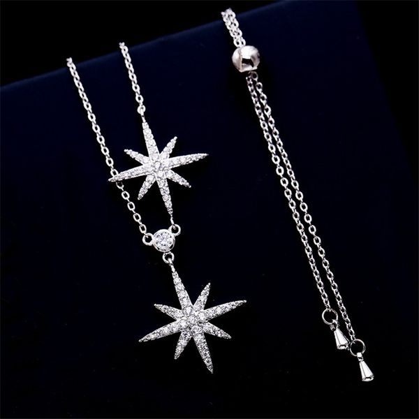 

shiny meteor two stars necklace adjustable clavicle chain cubic zirconia sweater chain for women wedding gift, Silver