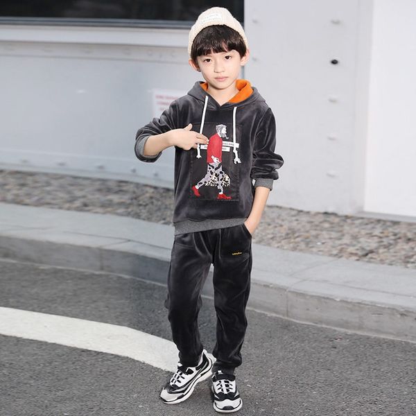 

siddons 2019 double-side velvet boys outfits super warm two-piece sets winter clothes for 4-14 years old school boys, White