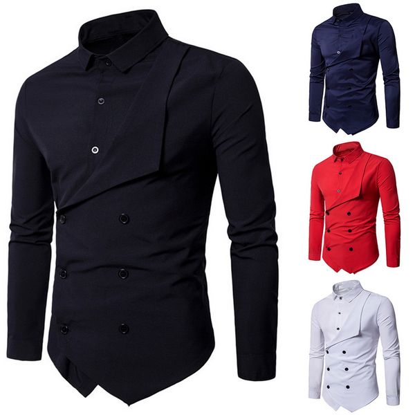 

2019 men fashion clothing men's shirts regular fit new men's double breasted slim long-sleeved shirt, White;black