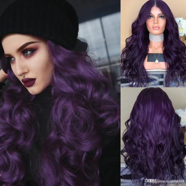 Hair Wig Long Curly Dark Purple Black Heat Resistant Synthetic