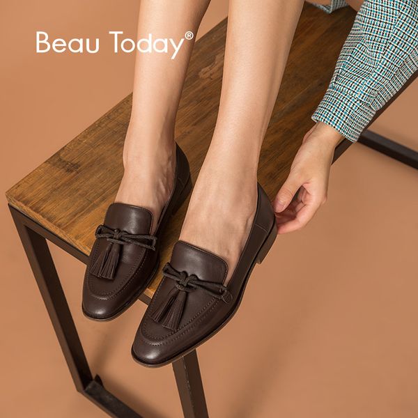 

beautoday fringes loafers women calfskin genuine leather slip-on style square toe lady casual flat shoes handmade 27158, Black