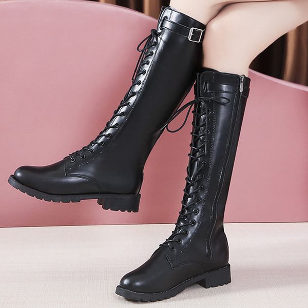 

fashion woman motorcycle boots fashion lace up side zip knee high boots female quality leather low heel boot ladies black bootie