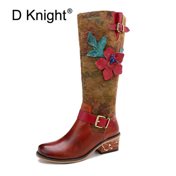

2020 autumn winter new women's knee high riding boots ethnic genuine leather high heels female western boots footwear handmade, Black
