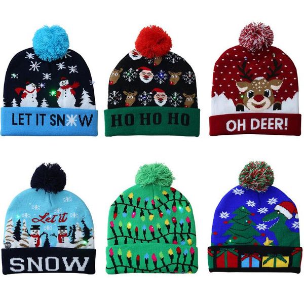 

led christmas hat knitted pom light xmas beanies crochet winter hats deer elk gilrs skull cap christmass home decoration lxl633-1