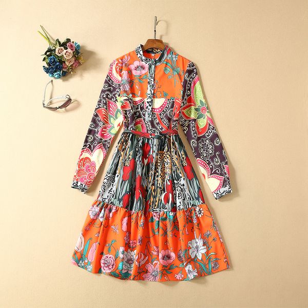 

autumn 2019 new european and american women's wear long sleeve collar floral print fashion the belt dress, Black;gray
