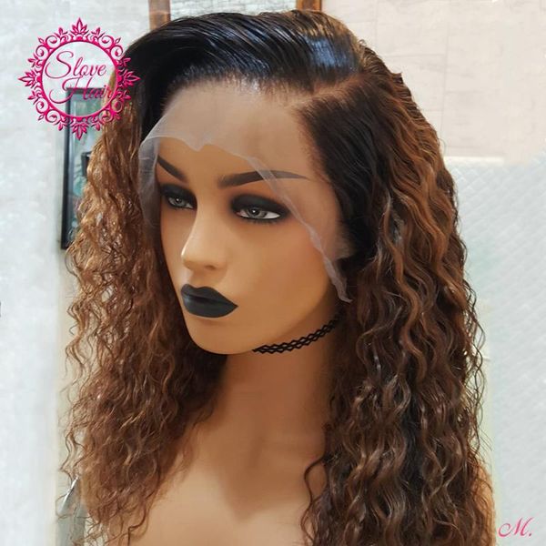 

ombre curly lace front human hair wigs for women 1b/27 black root honey blonde 13*4 deep remy brazilian middle ratio dyed 150%, Black;brown