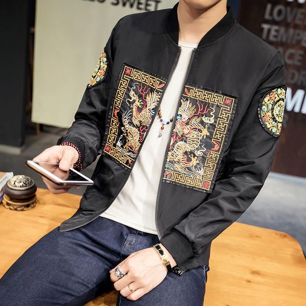 

jackets men autumn new chinese dragon style embroidered vintage zipper oversized plus size 4xl 5xl men jacket jaqueta masculina, Black;brown