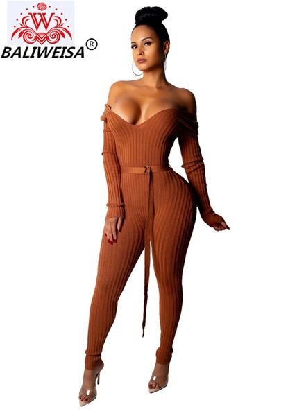 

baliweisa solid off shoulder ribbed jumpsuit with belt women v neck long sleeve romper night club overalls knitting jumpers, Black;white