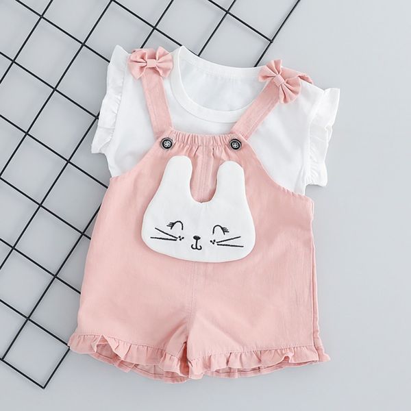 

new summer baby girl short sleeve cartoon print t-shirt + bib shorts children casual wear set, White