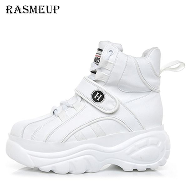

rasmeup women genuine leather chunky heels sneakers 2019 high-increasing women thick soled fashion woman shoes, Black