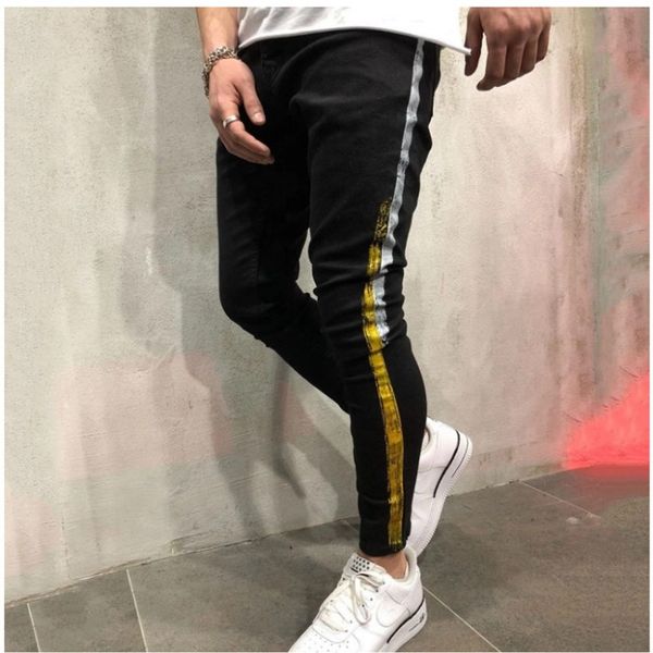 Novos jeans masculinos designer magro rasgado listras vermelhas calças estiramento preto magro motociclista jeans