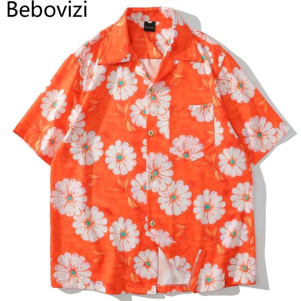 

men's casual shirts bebovizi daisy flower print hip hop short sleeve summer beach streetwear hawaiian men harajuku aloha shirt, White;black