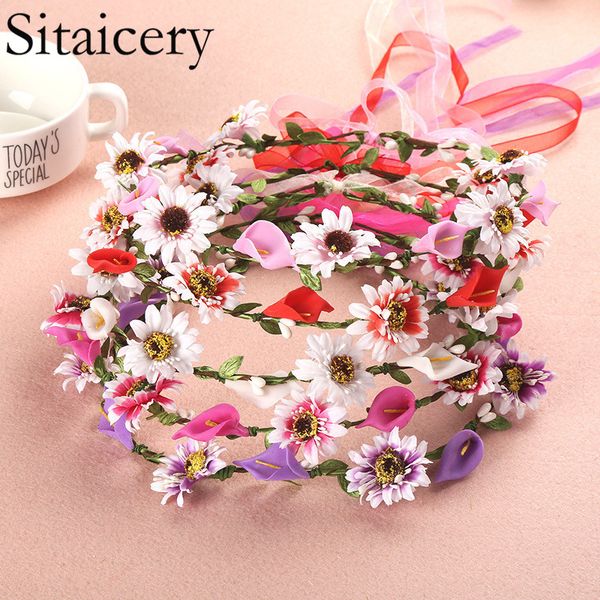 

sitaicery girls wedding flower crown wreath bohemian adjustable yarn garland sweet hair bands accessories for bride bridesmaid, Slivery;white
