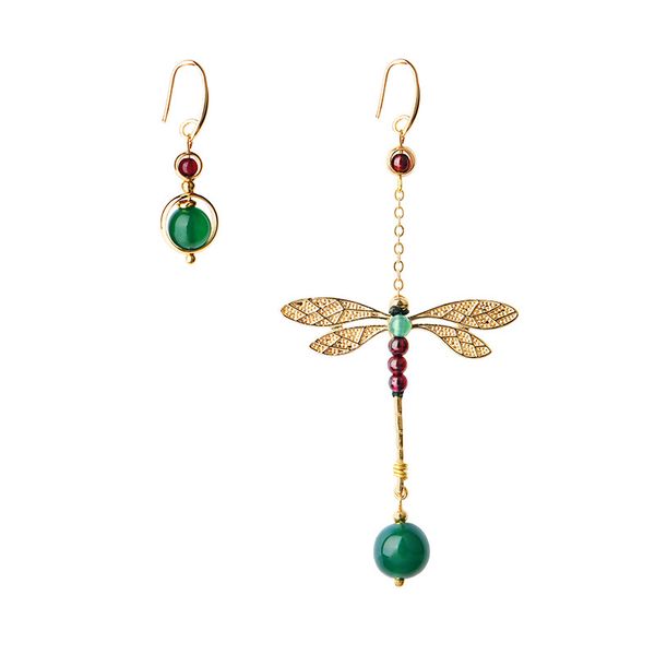 

ethnic vintage dragonfly stone bead asymmetric dangle earrings fashion jewelry drop hook earrings for women gift, Golden;silver