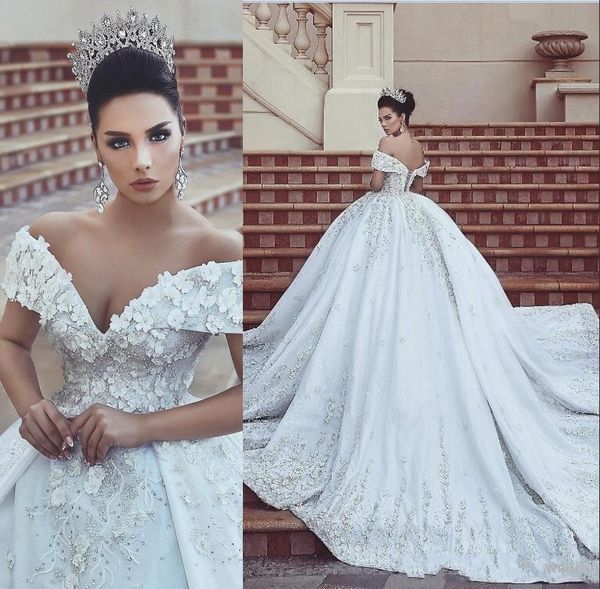 

Luxury Off Shoulder Plus Size Ball Gown Wedding Dresses Cap Sleeves Handmade Appliques Beads Wedding Dress Bridal Gowns Back Lace Up