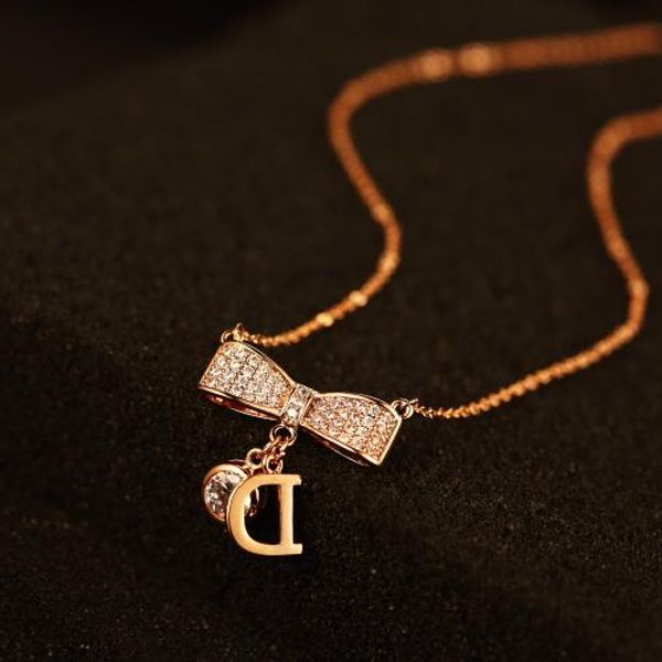 

rose gold plated pendants&necklaces for women rhinestone bowknot necklace letter d n00059, Silver