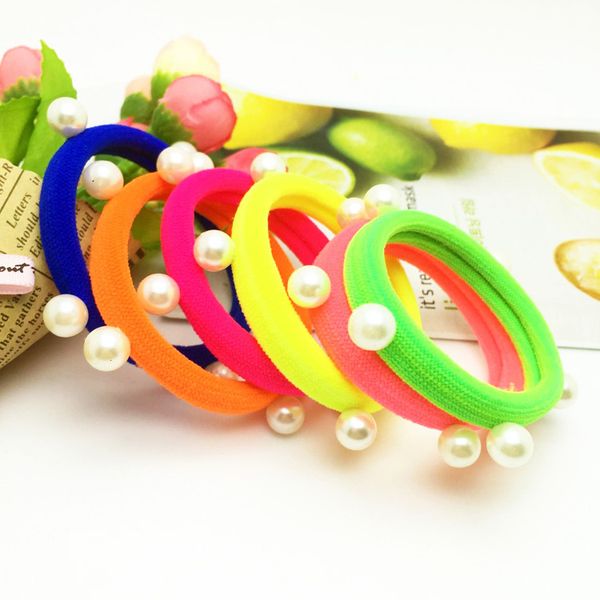 

10 pcs/lot candy fluorescence colored hair holders pearl rubber bands hair elastics accessories girl women tie gum, Slivery;white