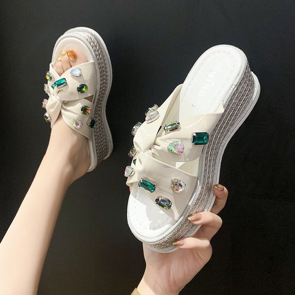 

стразы платформы сандалии женщина кожа плотная bottom слайды dropshipping новое лето open toe клин тапочки женщины высокие каблуки, Black