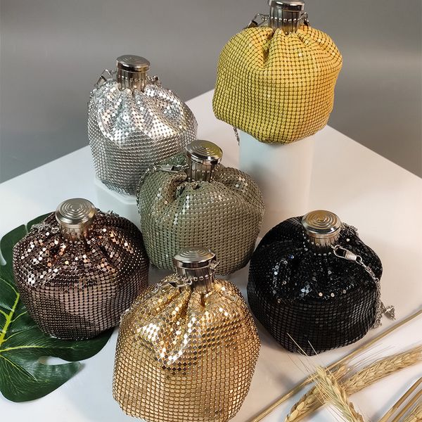 

retro aluminum bundy bucket bag hip flask shaped sequin mini shoulder hip flask bag girl style change diagonal diagonal fairybag