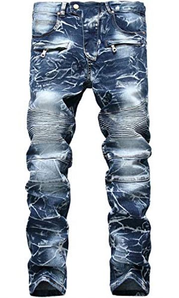 

hengao men's destroyed ripped straight skinny fit biker jeans with zipper deco, Blue