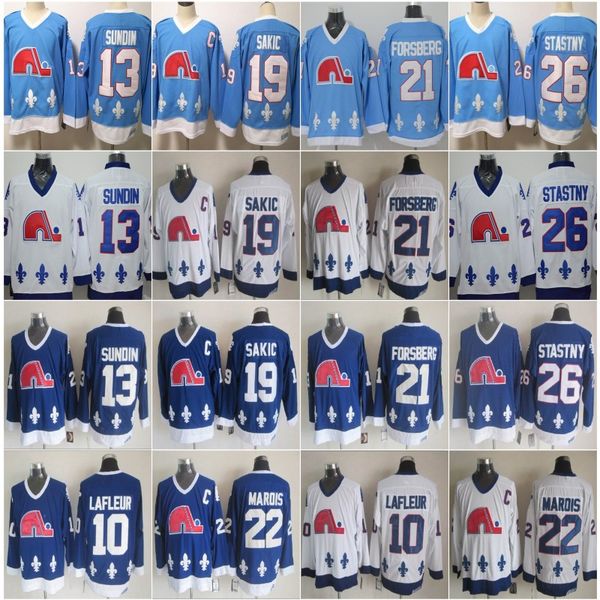 

Quebec Nordiques Jerseys Ice Hockey 13 Mats Sundin 21 Peter Forsberg 26 Peter Stastny 19 Joe Sakic Team Color Navy Blue White