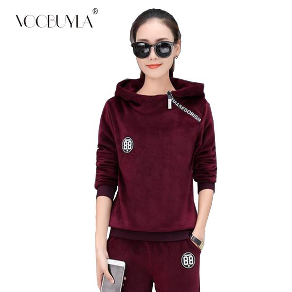 

2020 spring warm thick women tracksuit sports suits plus size 3xl velvet hoodies sweatshirts pants 2pcs running set sportswear, Black;blue