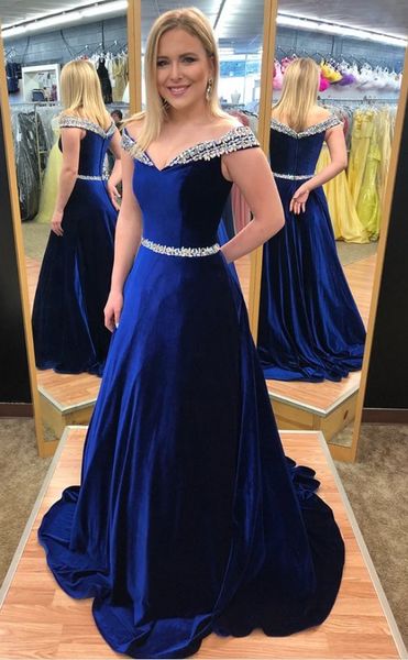 

royal blue velvet prom dresses v neck a line off shoulder bling crystals long evening formal dress for women girl, Black