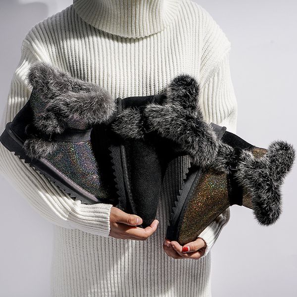 

2019 fashion woman snow boots genuine leather women ankle boots natural fur shoes warm winter shoes silver gold, Black