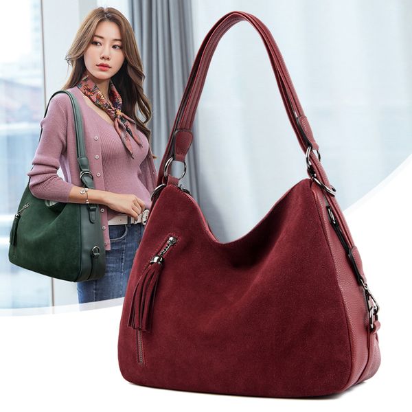 

vintage tassel women's pu stitching suede leather shoulder bag female casual nubuck casual handbag hobo messenger bag handbag t200428