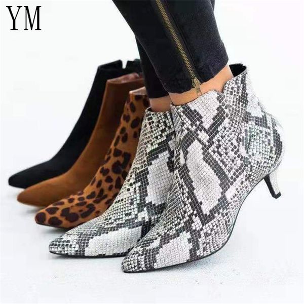 

women's ankle boots snake leopard pointed toe ladies chunky thin high heel side zipper female shoes woman footwear plus35-43, Black