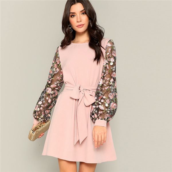 

pink spring flower mini dresses embroidered mesh office belted a line dress women 2019 spring long sleeve mid waist lady, Black;gray