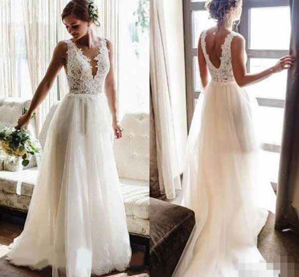 

2020 princess wedding dresses a line tulle lace applique sweep train scoop sheer neck zipper back wedding gown vestido de novia, White