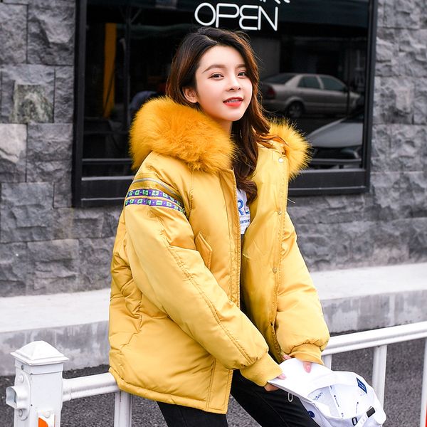 

2019 new winter jacket women big fur hooded parka coat female long sleeve ribbons thick warm snow wear jacket mujer quilted, Tan;black