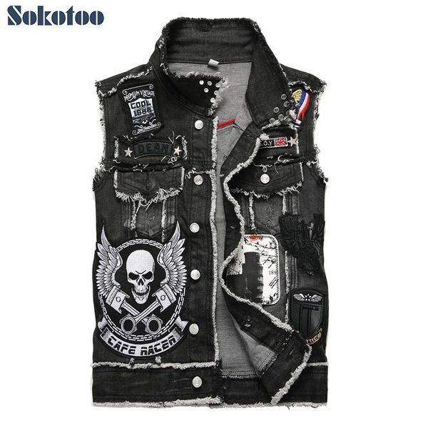

men's skull embroidery black fringe denim vest trendy patches patchwork rivet letters slim waistcoat tank top, White;black