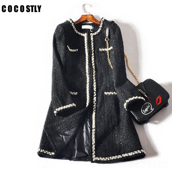 

winter coat woman fashion design luxury runway tweed coats jacket long sleeves button women autumn winter wool coats, Black