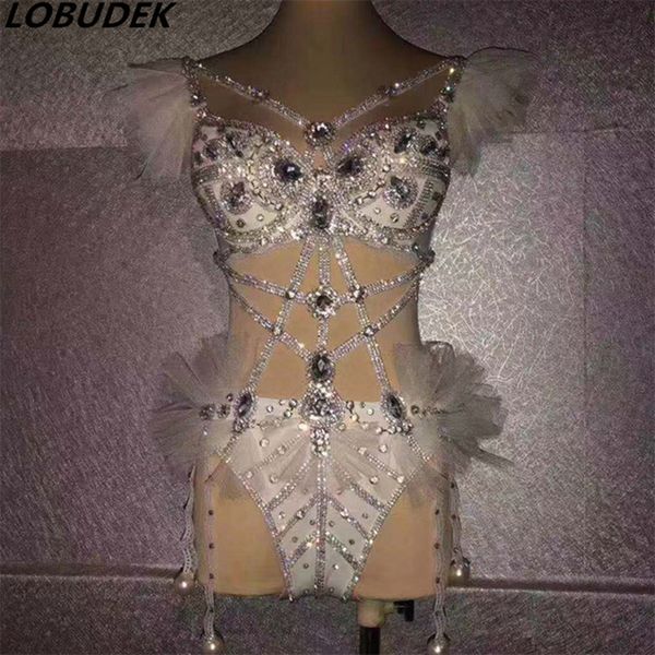 

new nightclub bar dj female singer dance performance full diamond yarn bandage bikini hollow out bodysuit dance team costume, Black;red