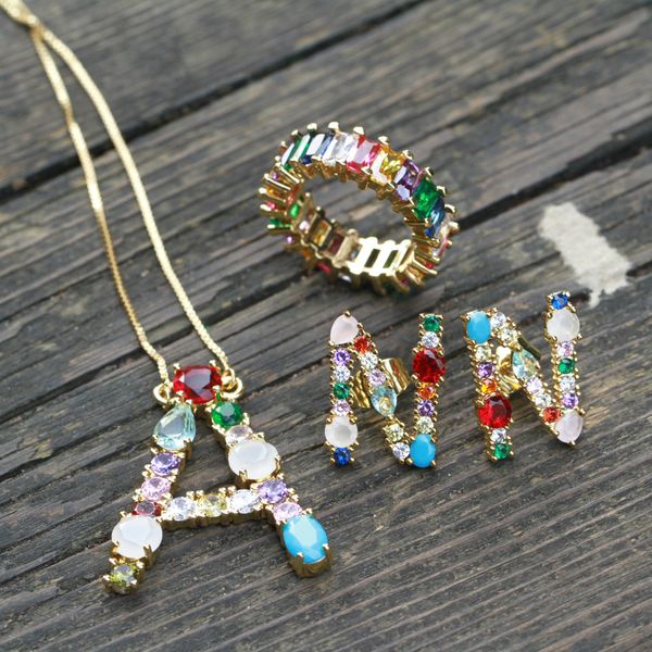 

26 letters gold color micro pave cubic zirconia rainbow stone alphabets letter stud earrings for women fashion jewelry, Silver