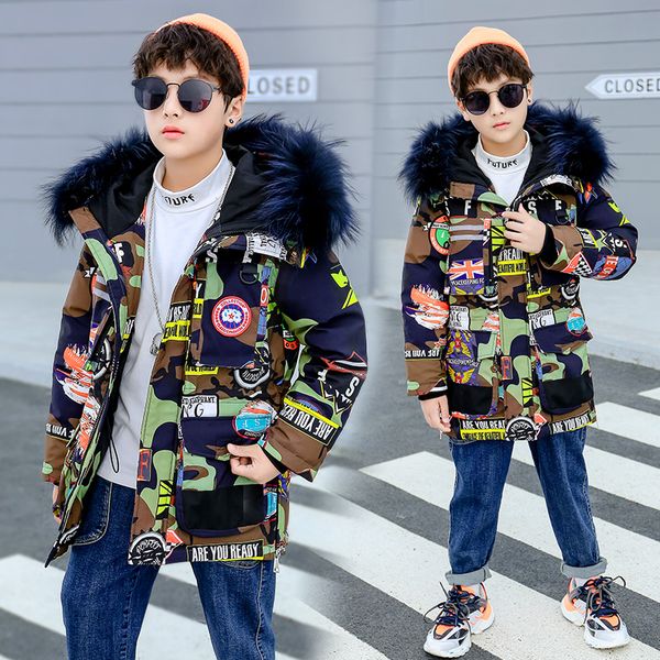 

russia winter boys winter duck down children thickening warm down jackets big real fur hooded outerwear coats kids fashon, Blue;gray