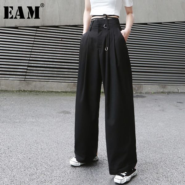 

eam] 2020 new autumn winter high waist loose button brief bandage long wide leg pants women trousers fashion tide jx399, Black;white