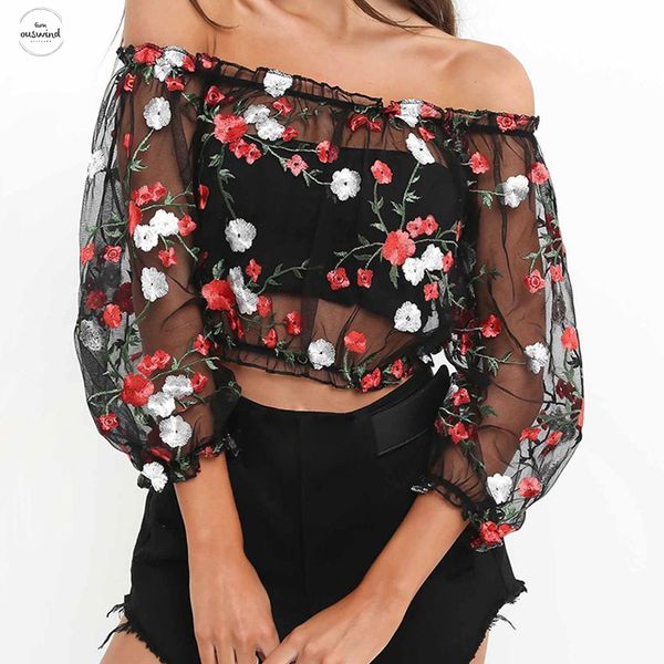 

flower mesh perspective gauze embroidery word shoulder crop summer print for girls party club girls sexseries shirts, White